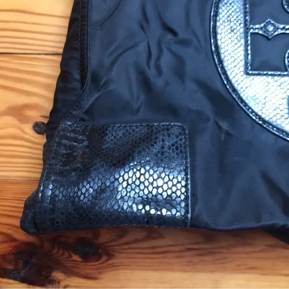 Tory Burch Ella Black Leather Nylon Tote Bag, EUC, 16.5”